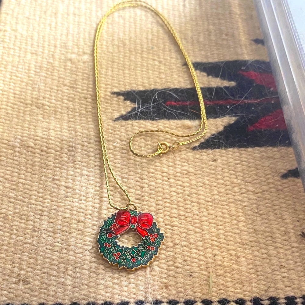 3/$15. Gold, Green, and Red Wreath Enamel Pendant Necklace